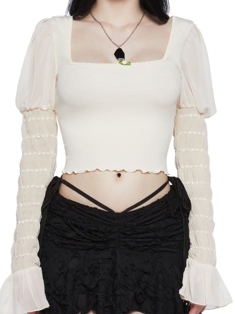 Dolls Kill Widow Devoted Dreams Ruffle Long Sleeve Rosette Off White